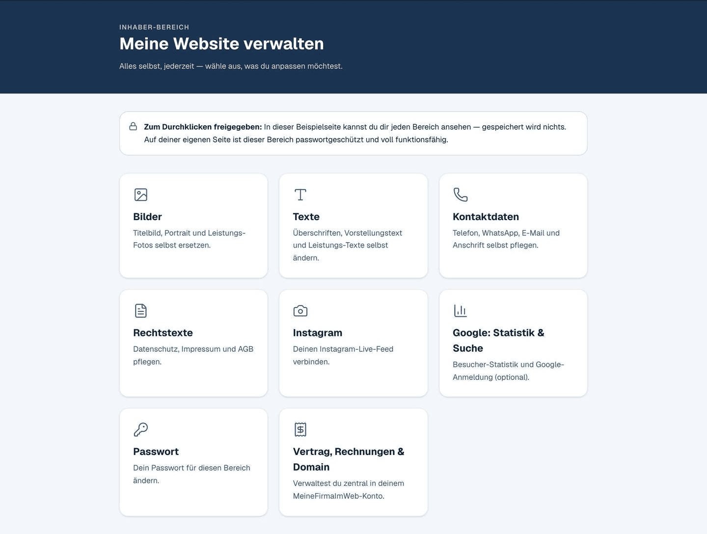 Der Inhaber-Bereich einer Kundenseite: Kacheln für Bilder, Texte, Kontaktdaten, Rechtstexte, Instagram, Statistik und Passwort