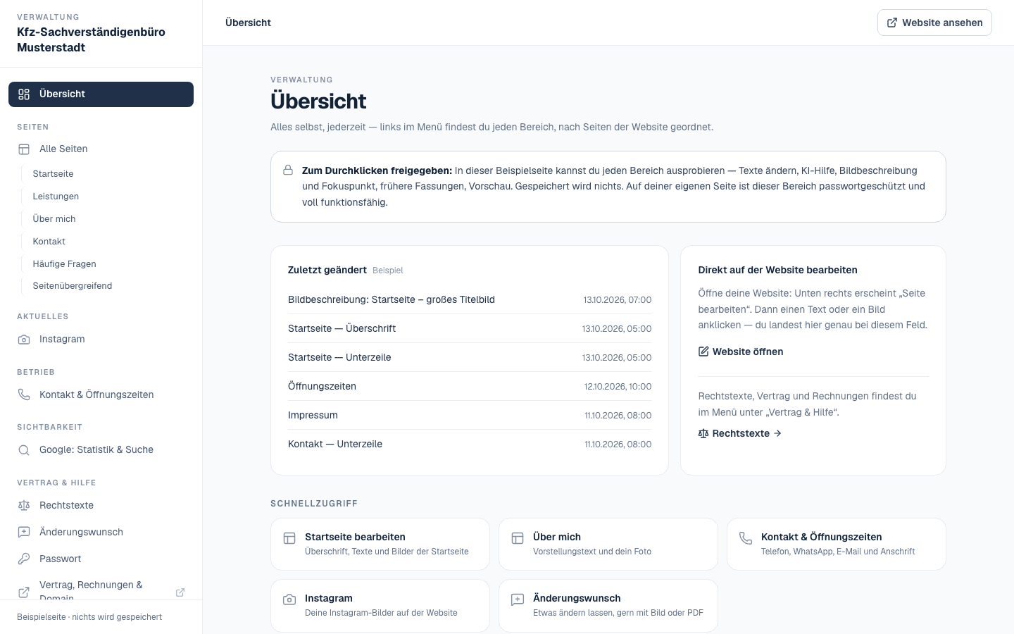 Der Inhaber-Bereich einer Kundenseite: links das feste Menü mit allen Seiten der Website, Kontaktdaten, Statistik und Rechtstexten, rechts die Übersicht mit den zuletzt geänderten Stellen und Schnellzugriffen